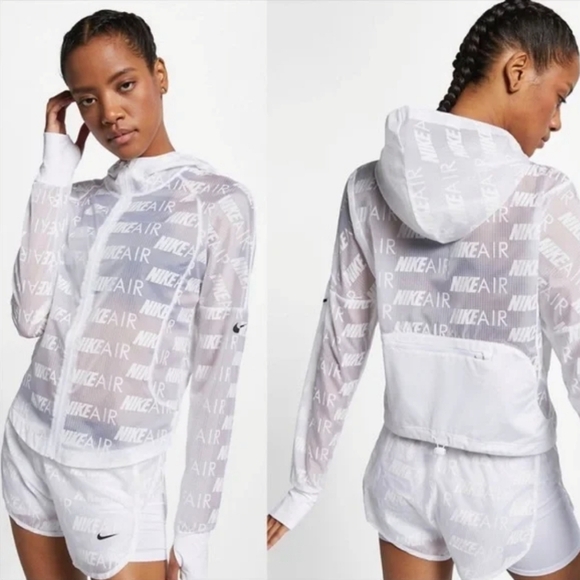 Nike Jackets & Blazers - Nike Air all over logo print running hooded white jacket womens large